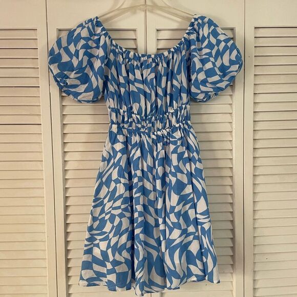 Meet Me in Santorini Blue/White Summer Print Dress Size Small - Picture 1 of 6